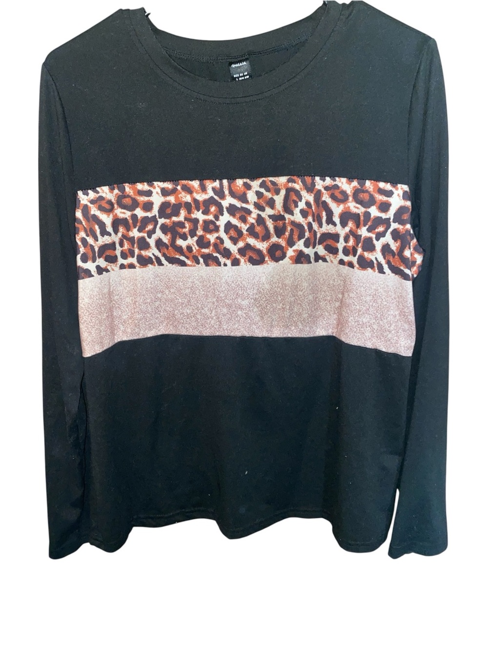 Women Black Leopard Print Crew Neck T-shirt Casual Long Sleeve NEW SZ L - Picture 2 of 6